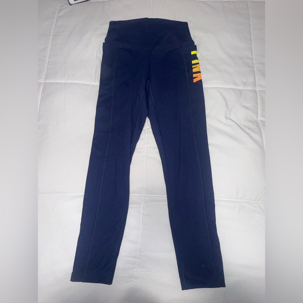 PINK Victoria's Secret Navy Leggings with Neon Yellow & Orange Logo